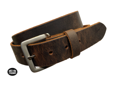 This brown leather belt is made from Crazy Horse tanned leather for that distressed and pull-up look. The edges are beveled and left raw for a contrasting look. It has an antique nickel coated solid brass buckle that is snapped in place. Belt is 1 1/2" wide and available in lengths from 34" to 44".  It is handmade in our shop in Smyrna, TN, just outside of Nashville. Choose Plain or Embossed Stitch pattern.