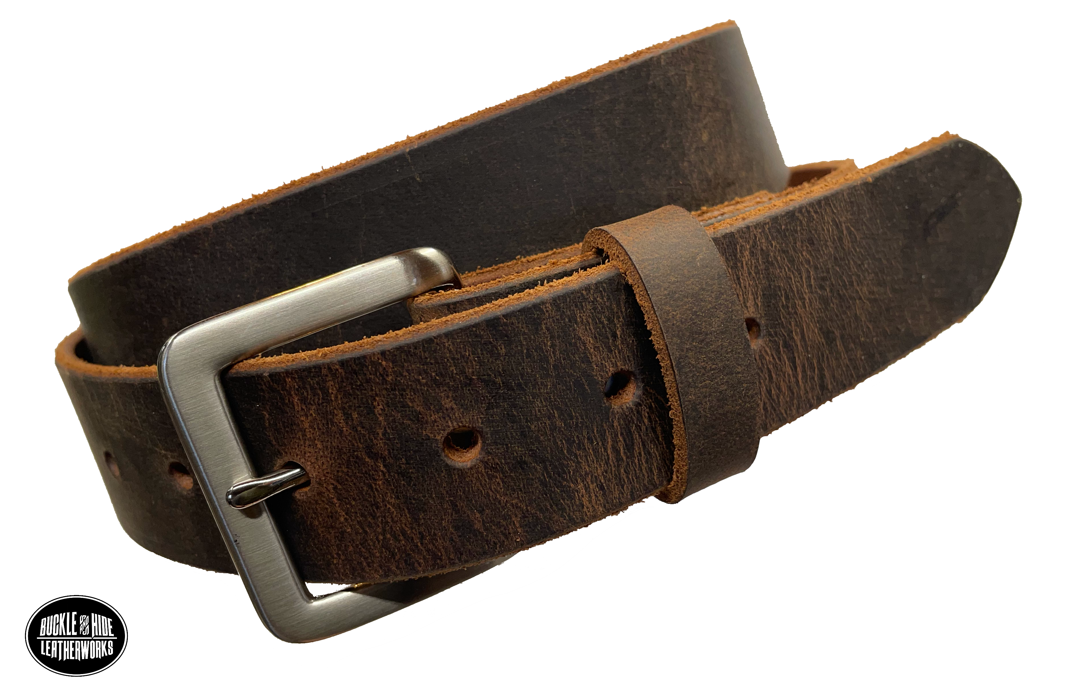 This brown leather belt is made from Crazy Horse tanned leather for that distressed and pull-up look. The edges are beveled and left raw for a contrasting look. It has an antique nickel coated solid brass buckle that is snapped in place. Belt is 1 1/2" wide and available in lengths from 34" to 44".  It is handmade in our shop in Smyrna, TN, just outside of Nashville. 