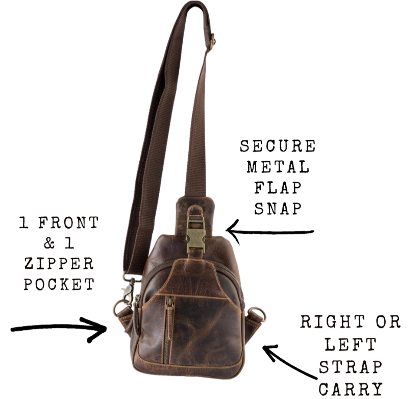 Great for being a on the go minimalist type. Durable Distressed leather is great for everyday use. A small sling style with a outside zippered pocket on the backside on the front. 3 Full sized pockets on the inside front 2 of are zippered large enough for most phones and a small wallet plus all your everyday carry items. Available also in our Smyrna ,TN shop just outside Nashville. Product made in India.