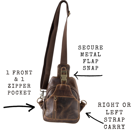 Great for being a on the go minimalist type. Durable Distressed leather is great for everyday use. A small sling style with a outside zippered pocket on the backside on the front. 3 Full sized pockets on the inside front 2 of are zippered large enough for most phones and a small wallet plus all your everyday carry items. Available also in our Smyrna ,TN shop just outside Nashville. Product made in India.