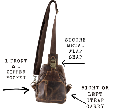 Great for being a on the go minimalist type. Durable Distressed leather is great for everyday use. A small sling style with a outside zippered pocket on the backside on the front. 3 Full sized pockets on the inside front 2 of are zippered large enough for most phones and a small wallet plus all your everyday carry items. Available also in our Smyrna ,TN shop just outside Nashville. Product made in India.