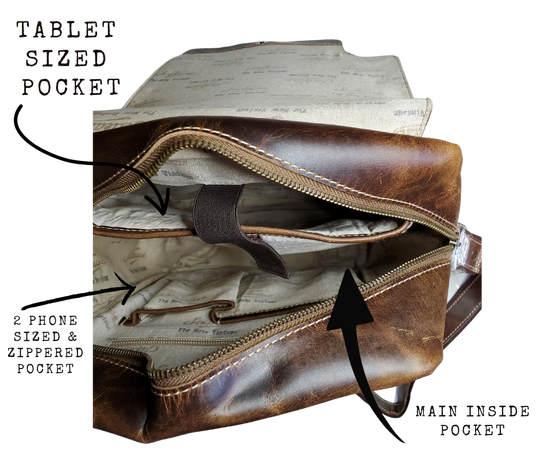 Great for being a on the go minimalist type. Durable Distressed leather is great for everyday use. A small sling style with a outside zippered pocket on the backside on the front. 3 Full sized pockets on the inside front 2 of are zippered large enough for most phones and a small wallet plus all your everyday carry items. Available also in our Smyrna ,TN shop just outside Nashville. Product made in India.