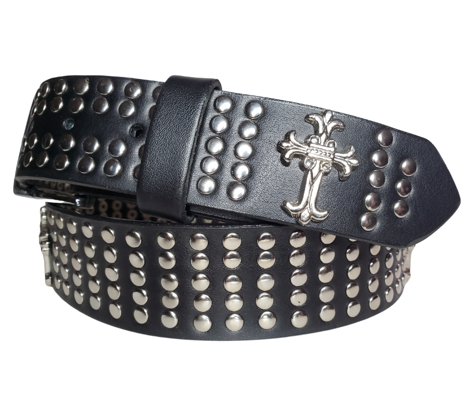Hit the stage or a night on the town with this all-over Studded Leather belt with Crosses every few inches for the length of the belt. Looks great with your favorite jeans and your vintage "GnR" T-shirt and your favorite boots. The width is 1 1/2" wide with snaps for easy buckle change.  Sold in our Smyrna, TN store. Sized M thru 2X