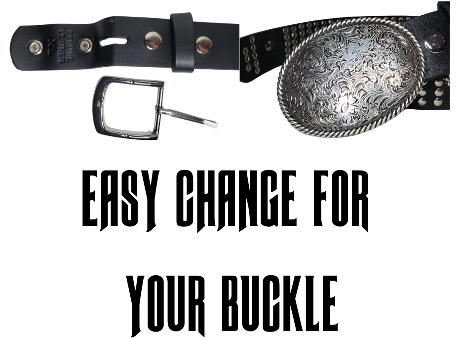 Hit the stage or a night on the town with this Studded Leather belt. The studs are placed about 1" apart the entire length of the belt. Looks great with your favorite jeans and your vintage "Poison" T-shirt and your favorite boots. The width is 1 1/2" wide with snaps for easy buckle change.  Sold in our Smyrna, TN store. Imported - Sized M thru 2X