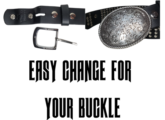 Hit the stage or a night on the town with this Studded Leather belt. The studs are placed about 1" apart the entire length of the belt. Looks great with your favorite jeans and your vintage "Poison" T-shirt and your favorite boots. The width is 1 1/2" wide with snaps for easy buckle change.  Sold in our Smyrna, TN store. Imported - Sized M thru 2X