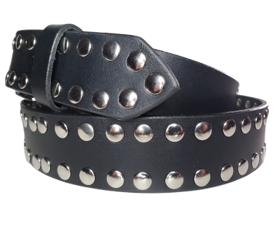 Hit the stage or a night on the town with this Studded Leather belt. The studs are placed about 1" apart the entire length of the belt. Looks great with your favorite jeans and your vintage "Poison" T-shirt and your favorite boots. The width is 1 1/2" wide with snaps for easy buckle change.  Sold in our Smyrna, TN store. Imported - Sized M thru 2X