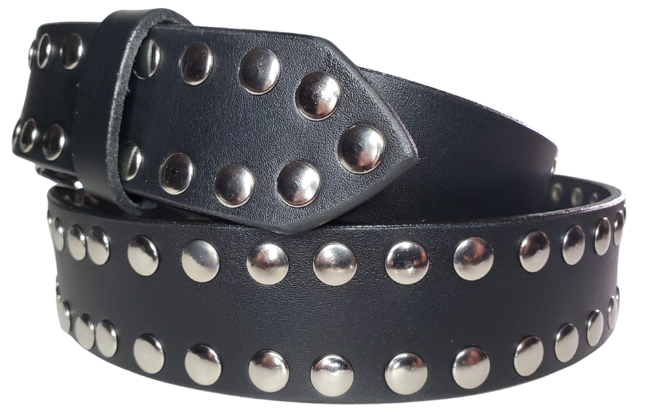 Hit the stage or a night on the town with this Studded Leather belt. The studs are placed about 1" apart the entire length of the belt. Looks great with your favorite jeans and your vintage "Poison" T-shirt and your favorite boots. The width is 1 1/2" wide with snaps for easy buckle change.  Sold in our Smyrna, TN store. Imported - Sized M thru 2X