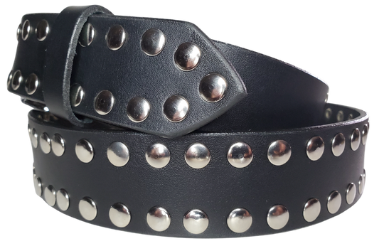 Hit the stage or a night on the town with this Studded Leather belt. The studs are placed about 1" apart the entire length of the belt. Looks great with your favorite jeans and your vintage "Poison" T-shirt and your favorite boots. The width is 1 1/2" wide with snaps for easy buckle change.  Sold in our Smyrna, TN store. Imported - Sized M thru 2X