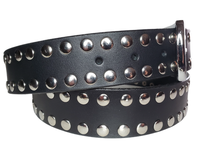 Hit the stage or a night on the town with this Studded Leather belt. The studs are placed about 1" apart the entire length of the belt. Looks great with your favorite jeans and your vintage "Poison" T-shirt and your favorite boots. The width is 1 1/2" wide with snaps for easy buckle change.  Sold in our Smyrna, TN store. Imported - Sized M thru 2X