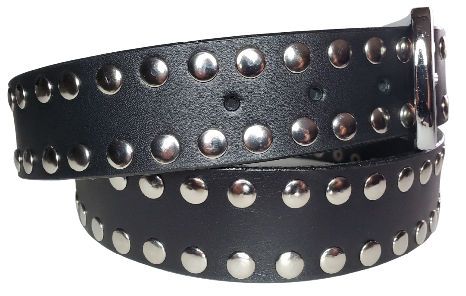 Hit the stage or a night on the town with this Studded Leather belt. The studs are placed about 1" apart the entire length of the belt. Looks great with your favorite jeans and your vintage "Poison" T-shirt and your favorite boots. The width is 1 1/2" wide with snaps for easy buckle change.  Sold in our Smyrna, TN store. Imported - Sized M thru 2X