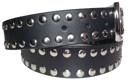 Hit the stage or a night on the town with this Studded Leather belt. The studs are placed about 1" apart the entire length of the belt. Looks great with your favorite jeans and your vintage "Poison" T-shirt and your favorite boots. The width is 1 1/2" wide with snaps for easy buckle change.  Sold in our Smyrna, TN store. Imported - Sized M thru 2X
