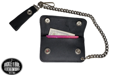 For the minimalist Rider. The most compact chain wallet we offer. Just enough room for some folded up cash a couple cards. Nothing to bog you down. Made in USA 2 pockets for some cash or cards Complete with 12" chain Approximate size 3" x 4" Made in USA