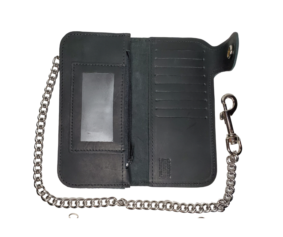With cards now for almost everything, this chain wallet delivers. This chain wallet has 3 sections that are like the traditional chain wallet that has been around for many years, with extra slots for the many cards that seem to multiply!  3 cash pockets and I.D. slot 9 credit card slots  Basic 12" Chain included Made in USA Choose Black  Dimensions folded 3 1/2" x 7" open 7" x 7"