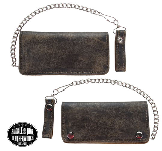 Soft Long Style Bi-fold Chain Wallet in Distressed brown. 2 Main Cash Slots for all your important stash, 1 zipper pocket, and card slots. A little over 7" in length. 2 snap closure. Complete with a 18" chrome plated chain including leather belt loop. Like most wallets over stuffing will limit the time of use. It's imported but it's Buckle and Hide approved. Colors may vary from picture. 2 options available, Traditional Inside and Card Slots.