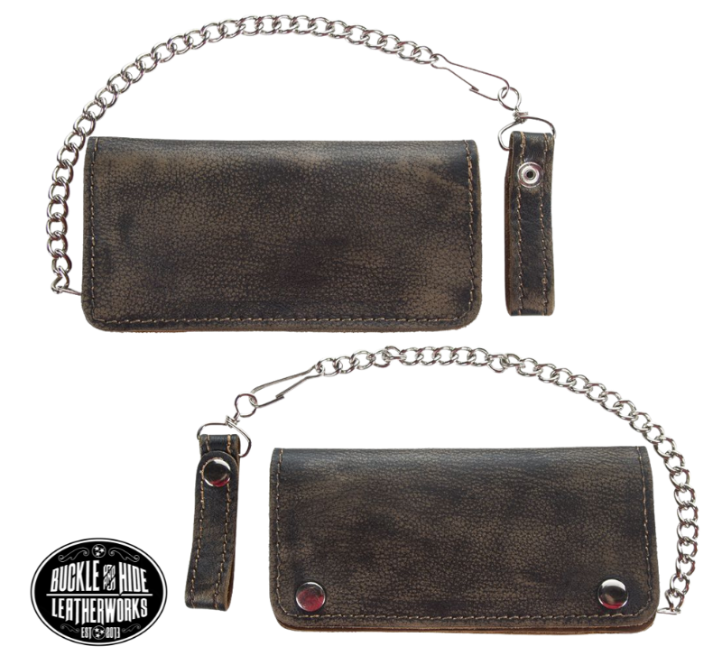 Soft Long Style Bi-fold Chain Wallet in Distressed brown. 2 Main Cash Slots for all your important stash, 1 zipper pocket, and card slots. A little over 7" in length. 2 snap closure. Complete with a 18" chrome plated chain including leather belt loop. Like most wallets over stuffing will limit the time of use. It's imported but it's Buckle and Hide approved. Colors may vary from picture. 2 options available, Traditional Inside and Card Slots.