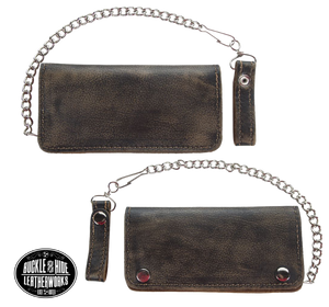 Soft Long Style Bi-fold Chain Wallet in Distressed brown. 2 Main Cash Slots for all your important stash, 1 zipper pocket, and card slots. A little over 7" in length. 2 snap closure. Complete with a 18" chrome plated chain including leather belt loop. Like most wallets over stuffing will limit the time of use. It's imported but it's Buckle and Hide approved. Colors may vary from picture. 2 options available, Traditional Inside and Card Slots.