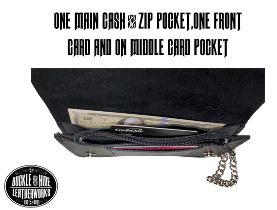 This is the Original Chain Wallet, great for the Modern minimalist. One credit card slot in the front with 2 main cash or whatever your STUFF is....5 year old receipts, concert stub from high school, the stuff you forgot was in there!  Made in USA 2 main Cash compartments 1 card slot Complete with 12" chain  Dimensions: 7 1/2" x 4" folded, 7 1/2" x7 1/2" opened
