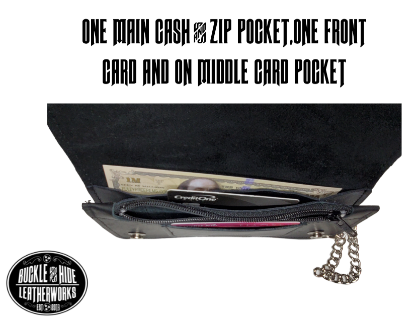 This is the Original Chain Wallet, great for the Modern minimalist. One credit card slot in the front with 2 main cash or whatever your STUFF is....5 year old receipts, concert stub from high school, the stuff you forgot was in there!  Made in USA 2 main Cash compartments 1 card slot Complete with 12" chain  Dimensions: 7 1/2" x 4" folded, 7 1/2" x7 1/2" opened