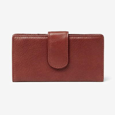 Size: 5.75 x 3  Soft Supple cowhide leather from Argentina. Snap tab closure. Eight card slots,ID window, Two full length slip pockets.  Exterior zip pocket for coins. Nylon lining, RFID lining protects against identity theft.  Pictured in Brandy
