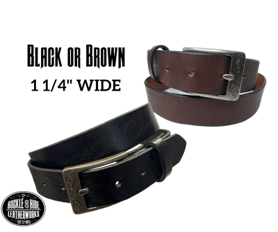 "The Central City" handmade, real leather belt is made in our Smyrna, TN shop just outside Nashville.  The process starts with cowhide, which is cut into strips. The removable antique silver colored buckle is attached with snaps, you may add your own or purchase a theme buckle to personalize the look.  Please see sizing instructions to make sure you have the desired fit. 