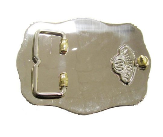 The Chief Longhorn buckle  These buckles are made from German Silver (nickel and brass alloy) or iron metal base. Some buckles have motifs made of copper, iron or brass and some are adorned with synthetic stones. These are all handcrafted. Each piece is punched, cut, soldered, engraved, polished and painted by our talented metal workers.  Available in our Smyrna TN shop. Width 4.5” Height 3”
Fits Standard 1.5” belts
