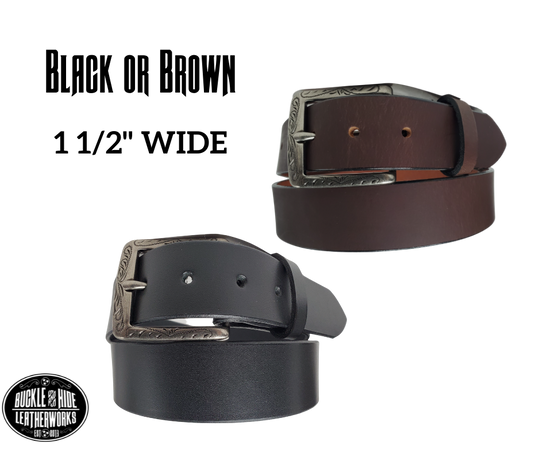 The Bisbee named after a old mining town in Arizona. This full grain leather belt has a look that looks great dressed up or down.  It has beveled, smooth black edges and is handmade in Smyrna, TN just outside Nashville.  The Ornate scroll designed antique silver buckle is snapped in place. Our shop favorite, our customer favorite, this belt starts with a unique leather – water buffalo!