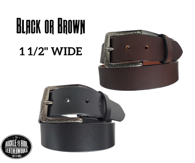 The Bisbee named after a old mining town in Arizona. This full grain leather belt has a look that looks great dressed up or down.  It has beveled, smooth black edges and is handmade in Smyrna, TN just outside Nashville.  The Ornate scroll designed antique silver buckle is snapped in place. Our shop favorite, our customer favorite, this belt starts with a unique leather – water buffalo!