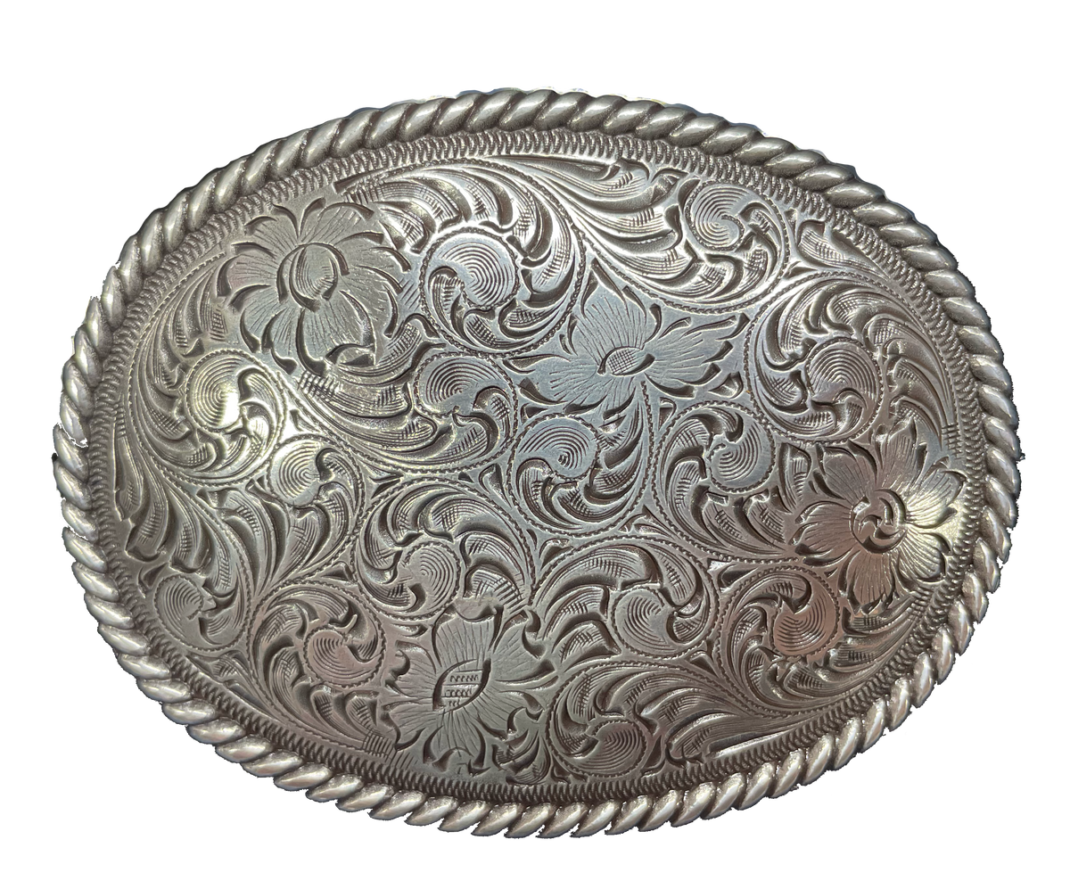This oval shaped buckle by Nocona has a rope design around the border. It is chrome colored with scroll design etched appearance on surface.  Measures 2 3/4" tall by 3 3/4" wide and fits belts up to 1 1/2" wide.  It is available for purchase in our retail shop in Smyrna, TN, just outside Nashville and also on our online store. Made in Taiwan.