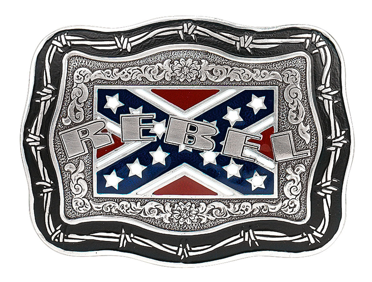 A Western themed with Barbed Wire edge border, Classic Western Scrolling. Rectangle shape is good for most body types without digging in to your mid section. Fits up to 1  1/2" belts. Dimensions are approx. 3 1/4" tall x 4 1/4"wide. Call or email about more "Heritage Buckles". We have several styles in our retail shop.