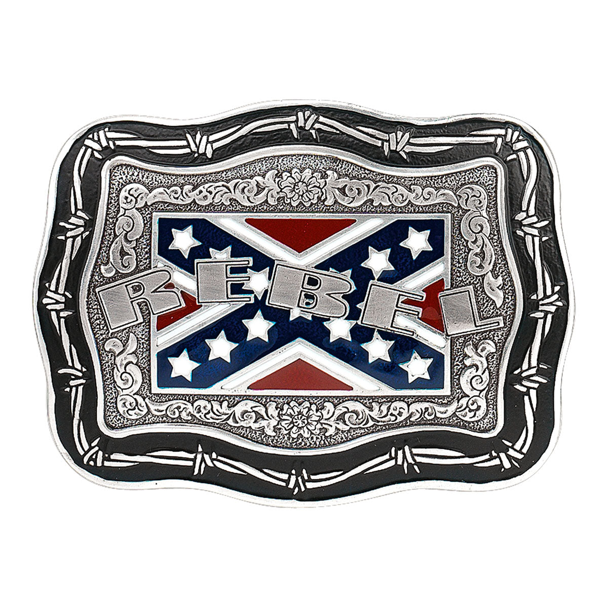 A Western themed with Barbed Wire edge border, Classic Western Scrolling. Rectangle shape is good for most body types without digging in to your mid section. Fits up to 1  1/2" belts. Dimensions are approx. 3 1/4" tall x 4 1/4"wide. Call or email about more "Heritage Buckles". We have several styles in our retail shop.