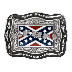 A Western themed with Barbed Wire edge border, Classic Western Scrolling. Rectangle shape is good for most body types without digging in to your mid section. Fits up to 1  1/2" belts. Dimensions are approx. 3 1/4" tall x 4 1/4"wide. Call or email about more "Heritage Buckles". We have several styles in our retail shop.