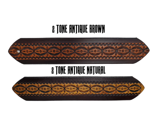 This handmade real leather belt is made from black, drum dyed cowhide shoulder that is 8-9 oz. or approx. 1/8" thick.  It is 1 1/2" wide and has a vintage design embossed on the surface with smoothed and burnished edges. The antique nickel plated solid brass buckle is snapped in place. Made just outside Nashville, in Smyrna, TN, you will find it is one of the longest lasting belts you will own.  It is made from a single strip of leather and is perfect for either casual or dress wear.