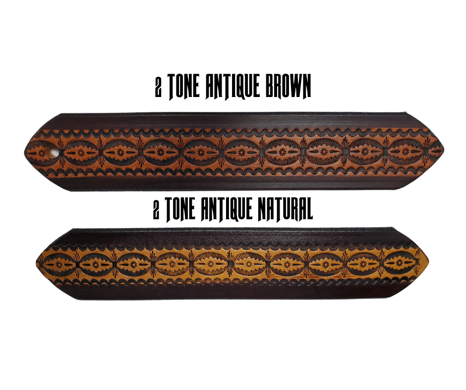 This handmade real leather belt is made from black, drum dyed cowhide shoulder that is 8-9 oz. or approx. 1/8" thick.  It is 1 1/2" wide and has a vintage design embossed on the surface with smoothed and burnished edges. The antique nickel plated solid brass buckle is snapped in place. Made just outside Nashville, in Smyrna, TN, you will find it is one of the longest lasting belts you will own.  It is made from a single strip of leather and is perfect for either casual or dress wear.