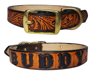 The Buddy Dog Collar is made from the same 9/10 oz./approx, 1/8" thick leather that all of our NAME belts are made from. We make these in a 1" width in sizes 15"-19" and 1 1/4" width 21"- 25". The center bar style buckle and D ring are Solid Brass. Your dogs Name is embossed in a 3/4" size font and is finished in our popular Two Tone Brown. Each Collar is measured from the end of the buckle to the middle of 5 holes from the end.  These also may be ordered in person in our Smyrna, TN shop.  