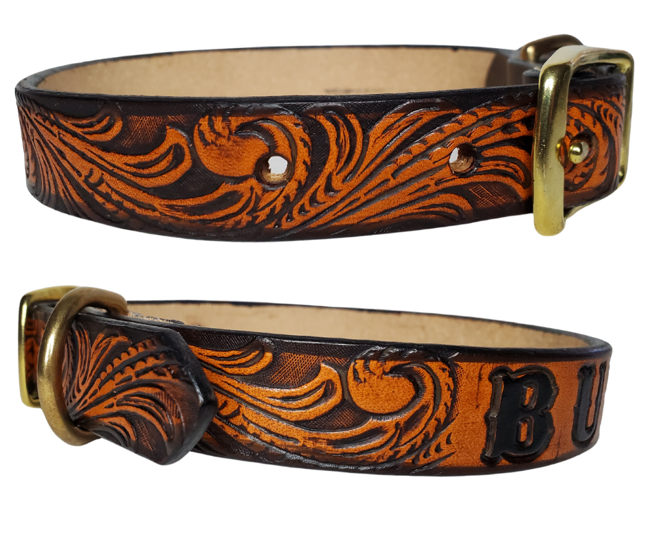 The Buddy Dog Collar is made from the same 9/10 oz./approx, 1/8" thick leather that all of our NAME belts are made from. We make these in a 1" width in sizes 15"-19" and 1 1/4" width 21"- 25". The center bar style buckle and D ring are Solid Brass. Your dogs Name is embossed in a 3/4" size font and is finished in our popular Two Tone Brown. Each Collar is measured from the end of the buckle to the middle of 5 holes from the end.  These also may be ordered in person in our Smyrna, TN shop.  