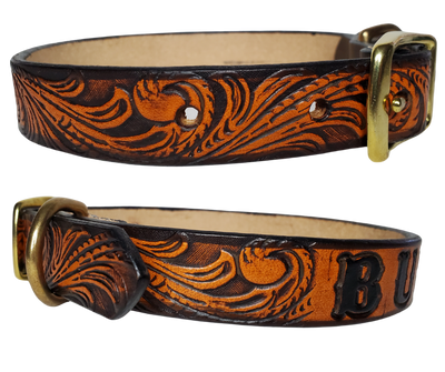 The Buddy Dog Collar is made from the same 9/10 oz./approx, 1/8" thick leather that all of our NAME belts are made from. We make these in a 1" width in sizes 15"-19" and 1 1/4" width 21"- 25". The center bar style buckle and D ring are Solid Brass. Your dogs Name is embossed in a 3/4" size font and is finished in our popular Two Tone Brown. Each Collar is measured from the end of the buckle to the middle of 5 holes from the end.  These also may be ordered in person in our Smyrna, TN shop.  