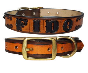 The Fido Dog Collar is made from the same 9/10 oz./approx, 1/8" thick leather that all of our NAME belts are made from.  This one is Hand Stamped instead of Embossed like our other Dog Collars. We make these in a 1" width in sizes 15"-19" and 1 1/4" width 21"- 25". The center bar style buckle and D ring are Solid Brass. Your dogs Name is embossed in a 3/4" size font and is finished in our popular Two Tone Brown.  These also may be ordered in person in our Smyrna, TN shop. 