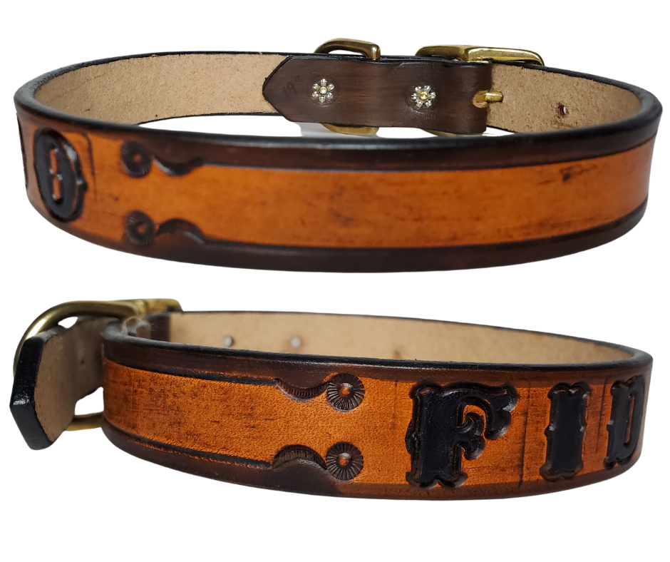 The Fido Dog Collar is made from the same 9/10 oz./approx, 1/8" thick leather that all of our NAME belts are made from.  This one is Hand Stamped instead of Embossed like our other Dog Collars. We make these in a 1" width in sizes 15"-19" and 1 1/4" width 21"- 25". The center bar style buckle and D ring are Solid Brass. Your dogs Name is embossed in a 3/4" size font and is finished in our popular Two Tone Brown.  These also may be ordered in person in our Smyrna, TN shop. 