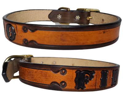 The Fido Dog Collar is made from the same 9/10 oz./approx, 1/8" thick leather that all of our NAME belts are made from.  This one is Hand Stamped instead of Embossed like our other Dog Collars. We make these in a 1" width in sizes 15"-19" and 1 1/4" width 21"- 25". The center bar style buckle and D ring are Solid Brass. Your dogs Name is embossed in a 3/4" size font and is finished in our popular Two Tone Brown.  These also may be ordered in person in our Smyrna, TN shop. 