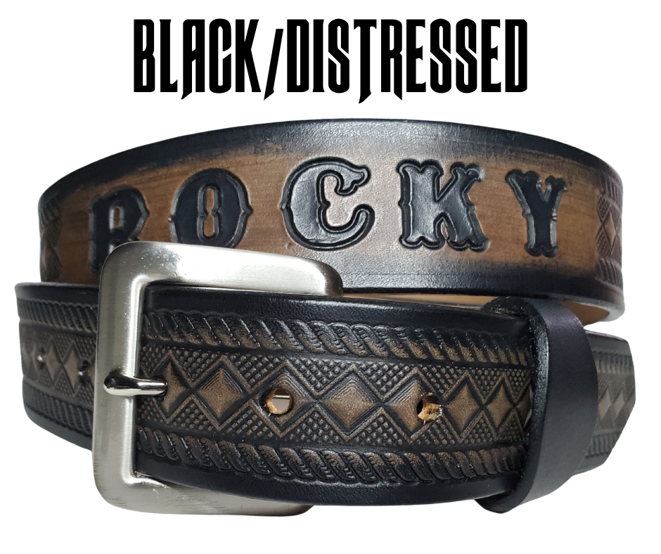 This genuine leather "Diamond" belt is skillfully handcrafted from 8-10 oz, 1/8-inch thick cowhide shoulder leather. Its burnished edges and rope pattern, along with the antique nickel-plated solid brass buckle, are features that make it unique. The belt is finished with a multi-step dyeing technique, and the buckle is secured with heavy-duty snaps. It is created in our local shop outside of Nashville, TN in Smyrna.
