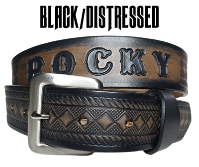 This genuine leather "Diamond" belt is skillfully handcrafted from 8-10 oz, 1/8-inch thick cowhide shoulder leather. Its burnished edges and rope pattern, along with the antique nickel-plated solid brass buckle, are features that make it unique. The belt is finished with a multi-step dyeing technique, and the buckle is secured with heavy-duty snaps. It is created in our local shop outside of Nashville, TN in Smyrna.