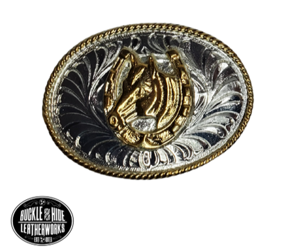 For the boy or girl that wants a buckle like Dad or Mom. It's smaller 2"x 2 1/2" size is great for smaller bodies and will fit up to a 1 1/4" belt strap. It's plated nickel and gold tone looks just like a real Trophy buckles that all Rodeo stars win. Imported from Mexico.