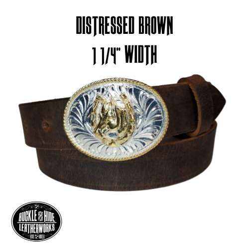Our Kids/Youth Belt Combo is a great choice who's wants to be like dad or mom! Full grain Distressed Brown Water Buffalo or Black cowhide leather that is approx. 1/8"thick. The width is 1 1/4" and this Combo includes a 2" x 2 1/2" sized Western styled Nickle plated oval shaped buckle with a Horsehead framed in a Horseshoe completed with a rope edge. Buckle snaps in place for easy changing if desired. Choose a Black or Distressed Brown Leather belt for the Combo. Made in our Smyrna, TN, USA shop.    