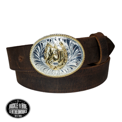 Our Kids/Youth Belt Combo is a great choice who's wants to be like dad or mom! Full grain Distressed Brown Water Buffalo or Black cowhide leather that is approx. 1/8"thick. The width is 1 1/4" and this Combo includes a 2" x 2 1/2" sized Western styled Nickle plated oval shaped buckle with a Horsehead framed in a Horseshoe completed with a rope edge. Buckle snaps in place for easy changing if desired. Choose a Black or Distressed Brown Leather belt for the Combo. Made in our Smyrna, TN, USA shop.    
