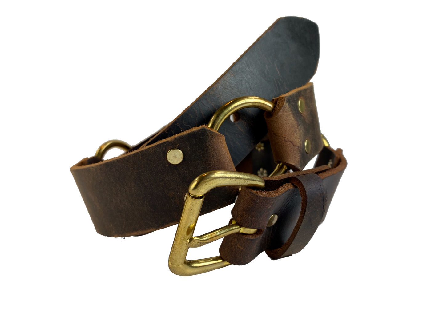 Created with the perfect balance of Solid Brass Rings, Buckle and leather sections that are riveted together for long lasting belt. We craft it right here in our Tennessee shop. This rings not just for a unique look but may be used to connect a chain wallet or keys.