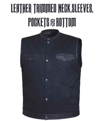 Premium black leather/denim club style vest. The lining is black. Vest trim is made from premium naked cowhide leather. It has a tab style collar and front snap closure. It has a solid panel back. Available for purchase in our shop in Smyrna, TN outside of Nashville. Available in sizes small through 5x.  It has inside front pockets including a conceal carry pocket on each side. The front has upper flap closure pockets and lower front side pockets.