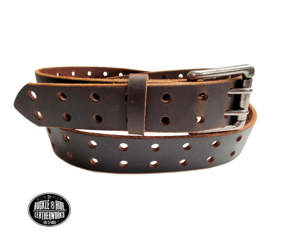 Our double pin roller belt features a single strip of genuine top grain leather. The leather is comfortable from day one and features double holes the entire length of the strap!   The antique nickel plated roller buckle is easy on the leather; the roller functions to protect the strap from undue creasing and scratching.  Buckle is riveted to leather strap. Handmade in our shop just outside Nashville in Smyrna, TN.