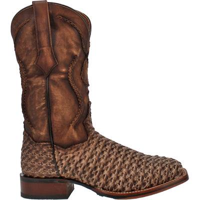 Craftmanship is front and center on the Cowboy Certified Stanley boot. The tan distressed upper has hand corded leather lacing. The foot is an intricate eye-catching woven leather design. The Soft Strike removable insert gives comfort from the first step. Featuring our popular broad square toe, stockman heel and long-wearing Cowboy Certified outsole. Innovative western design from top to toe.  Style: DP4903