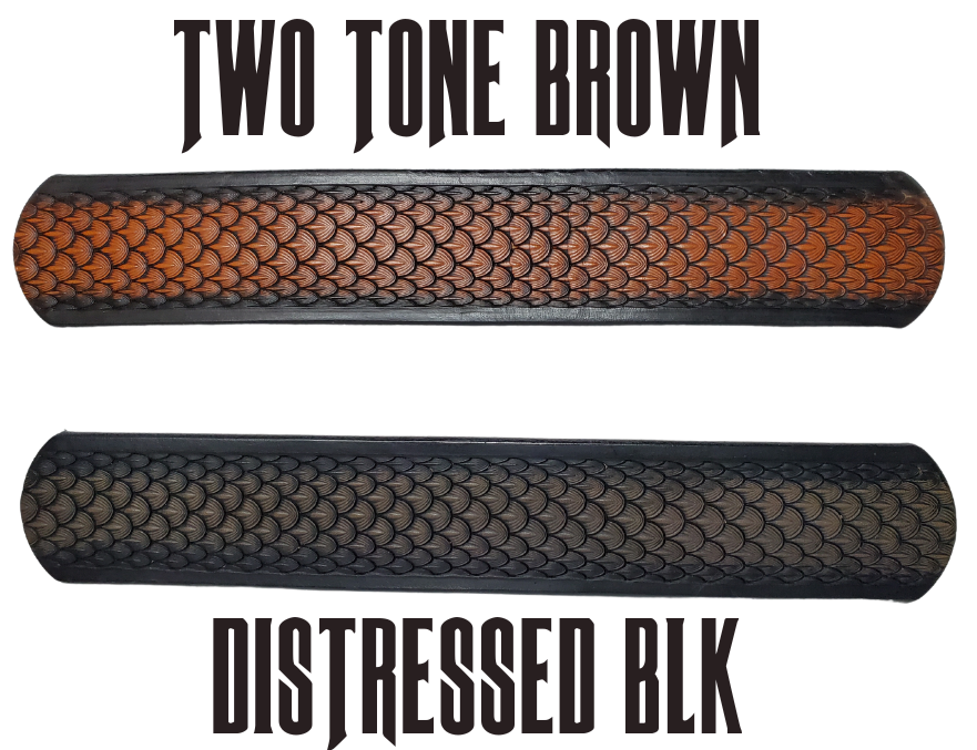 "The Dragon" will take you to the Tolkien fantasy lands with Balrog, Swords, and of course Dragons. This handmade real leather belt made from a single strip of cowhide shoulder leather that is 8-10 oz. or approx. 1/8" thick. It has hand burnished (smoothed) edges and a Dragon Scale pattern. This belt is completely HAND dyed with a multi step finishing technic. The antique nickel plated solid brass buckle is snapped in place with heavy snaps.  This belt is made just outside Nashville in Smyrna, TN.