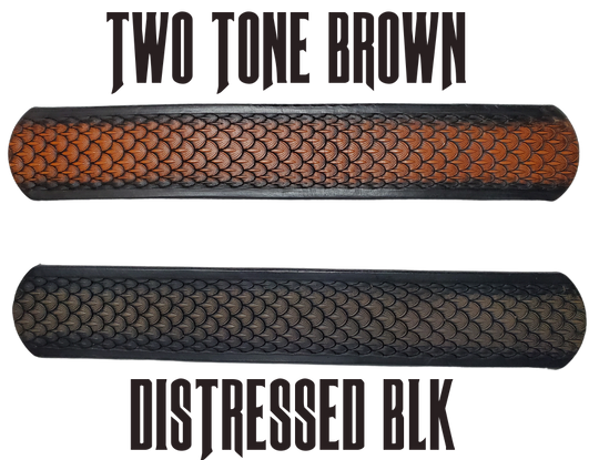 "The Dragon" will take you to the Tolkien fantasy lands with Balrog, Swords, and of course Dragons. This handmade real leather belt made from a single strip of cowhide shoulder leather that is 8-10 oz. or approx. 1/8" thick. It has hand burnished (smoothed) edges and a Dragon Scale pattern. This belt is completely HAND dyed with a multi step finishing technic. The antique nickel plated solid brass buckle is snapped in place with heavy snaps.  This belt is made just outside Nashville in Smyrna, TN.